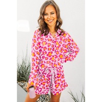 Pink Leopard Print Long Sleeve Shirt and Shorts Pajama Set - M thumbnail