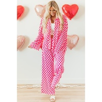 Pink Checkered Buttoned Shirt and High Waist Pants Pajama Set - L thumbnail