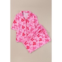 Pink Bow Knot Print Lapel Collar Short Sleeve and Pants Pajamas Set - L thumbnail