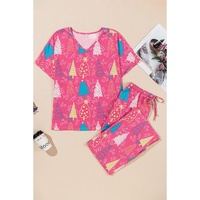Rose Christmas Tree Print V Neck Tee and Pants Lounge Set - M thumbnail
