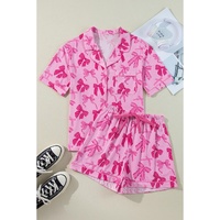 Pink Bow Print Half Sleeve Shirt and Shorts Pajamas Set - XL thumbnail