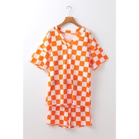 Orange Checkerboard Print V Neck Loose Tee and Shorts Lounge Set - XL thumbnail