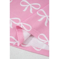Pink Waffle Knit Bowknot Printed V Neck T Shirt and Shorts Set - M thumbnail