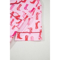Pink Western Cowgirl Boots Printed Shirt Ruffled Shorts Pajama Set - S thumbnail