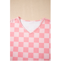 Pink Checkered V Neck Tee Drawstring Shorts Lounge Set - M thumbnail