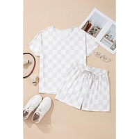 Beige Checkered V Neck Tee Drawstring Shorts Lounge Set - L thumbnail