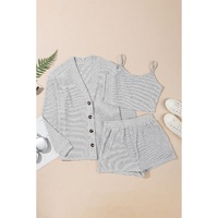 Light Grey 3 Pieces Rib Crop Camisole Matching Shorts Lounge Set with Cardigan - L thumbnail