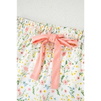 White Floral Print Contrast Pipping Short Pajamas Set - M thumbnail