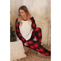 Red Plaid Raglan Sleeves Top and Drawstring Pants Lounge Set - M thumbnail