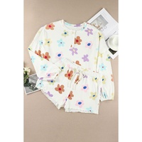 White Floral Long Sleeve Henley Top and Drawstring Shorts Set - L thumbnail