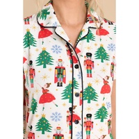 White Printed Christmas Pattern Buttoned Two Piece Sleepwear - L thumbnail