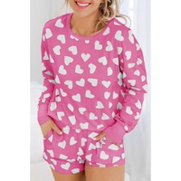 Pink Valentine Heart Shape Print Long Sleeve Top Shorts Lounge Set - L thumbnail