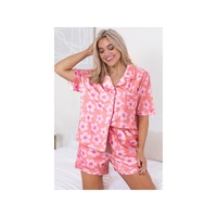 Pink Flower Print Short Sleeve Shirt Pajamas Set - L thumbnail