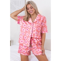 Pink Flower Print Short Sleeve Shirt Pajamas Set - L thumbnail
