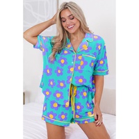Green Flower Print Short Sleeve Shirt Pajamas Set - M thumbnail