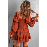 Brown Boho Solid Shirred Ruffle Mini Dress - L thumbnail