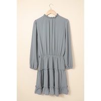 Gray V Neck Long Sleeve Ruffle Tiered Mini Dress - L thumbnail