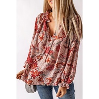 Pink Split V Neck Printed Blouse - L thumbnail