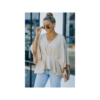 Azura Exchange Pleated Batwing Sleeve V Neck Blouse in 100% Polyester - M thumbnail