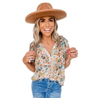 Azura Exchange Multicolor Split V Neck Flower Print Blouse - S thumbnail