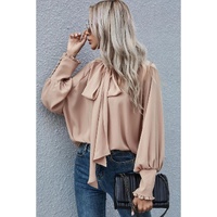 Azura Exchange Khaki Frilled Knotted Blouse with Bishop Sleeves - M thumbnail