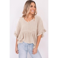 Azura Exchange Loose V Neck Top with Ruffled Lace Detail - S thumbnail