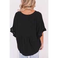 Azura Exchange Black Ruffled Lace Detail Loose V Neck Top - M thumbnail