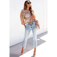 Azura Exchange Floral Square Neck Blouse with Frilled Trim - L thumbnail