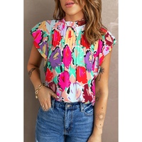 Azura Exchange Abstract Floral Print Frilled Neck Pleated Blouse - M thumbnail