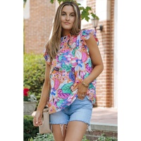 Azura Exchange Flutter Sleeves Smocked Neck Blouse with Floral Print - M thumbnail