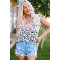 Leopard Ruffle Shoulder Embellished V-neck Sleeveless Top - M thumbnail