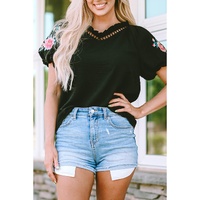 Azura Exchange Embroidered Bubble Sleeve Frill V Neck Top - M thumbnail