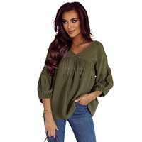 Azura Exchange Textured V Neck Bracelet Sleeve Babydoll Blouse - M thumbnail