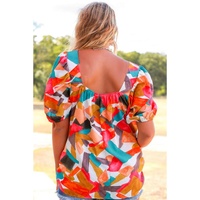 Azura Exchange Abstract Print Square Neck Short Sleeve Blouse - M thumbnail