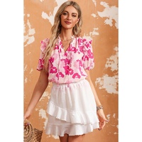 Azura Exchange Ruffled Floral Top with Split Neck and Puff Sleeves - M thumbnail