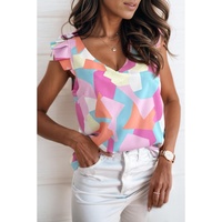 Azura Exchange Geometric Print V-Neck Pleated Cap Sleeve Top - L thumbnail