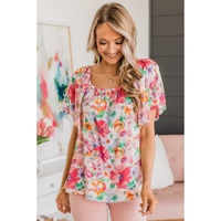 Azura Exchange Watercolor Floral Ruffle Sleeve Blouse - S thumbnail