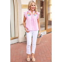 Azura Exchange Check Ruffle Sleeves Blouse with Floral Embroidery - L thumbnail