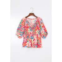 Azura Exchange Flower Print Puff Sleeve Peplum Top - XL thumbnail