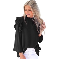 Black Button Keyhole Back Pleated Ruffle Trim Blouse - L thumbnail