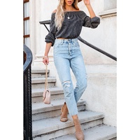 Gray Ribbed Knit Off-Shoulder Balloon Sleeve Top - M thumbnail