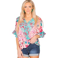 Azura Exchange Leopard Floral Mixed Print Ruffle Sleeve Blouse - L thumbnail