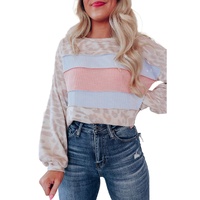 Azura Exchange Contrast Stripes Patchwork Puff Sleeve Knit Top - L thumbnail