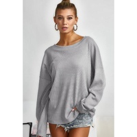 Azura Exchange Gray V Cut Drawstring Back Waffle Knit Top - L thumbnail