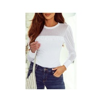 Azura Exchange Mesh Patchwork Ribbed Long Sleeve Top with Pearl Accents - M thumbnail