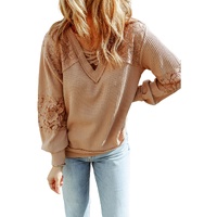 Azura Exchange Lace Waffle Patchwork Strappy V Neck Long Sleeve Top - XL thumbnail