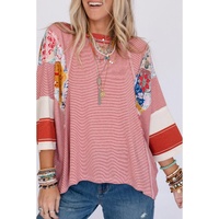Red Pinstriped Color Block Patchwork Oversized Top - M thumbnail