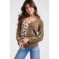 Brown Leopard Splicing Waffle Knit V Neck Top - M thumbnail