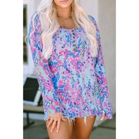Azura Exchange Printed Wide Neck Thumbhole Sleeve Henley Top - L thumbnail