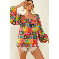 Azura Exchange Multicolor Floral Crochet Square Neck Puff Sleeve Blouse - M thumbnail